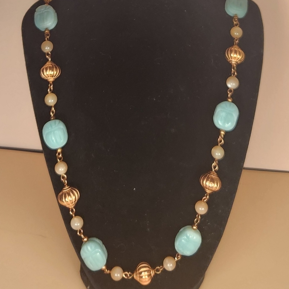 Amazonite Scarabs, Sunstone and Copper Linked Necklace